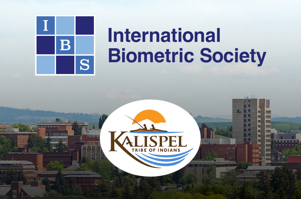 Composite featuring logos for the International Biometric Society and the Kalispel Tribe of Indians against a backdrop of the WSU Pullman campus.