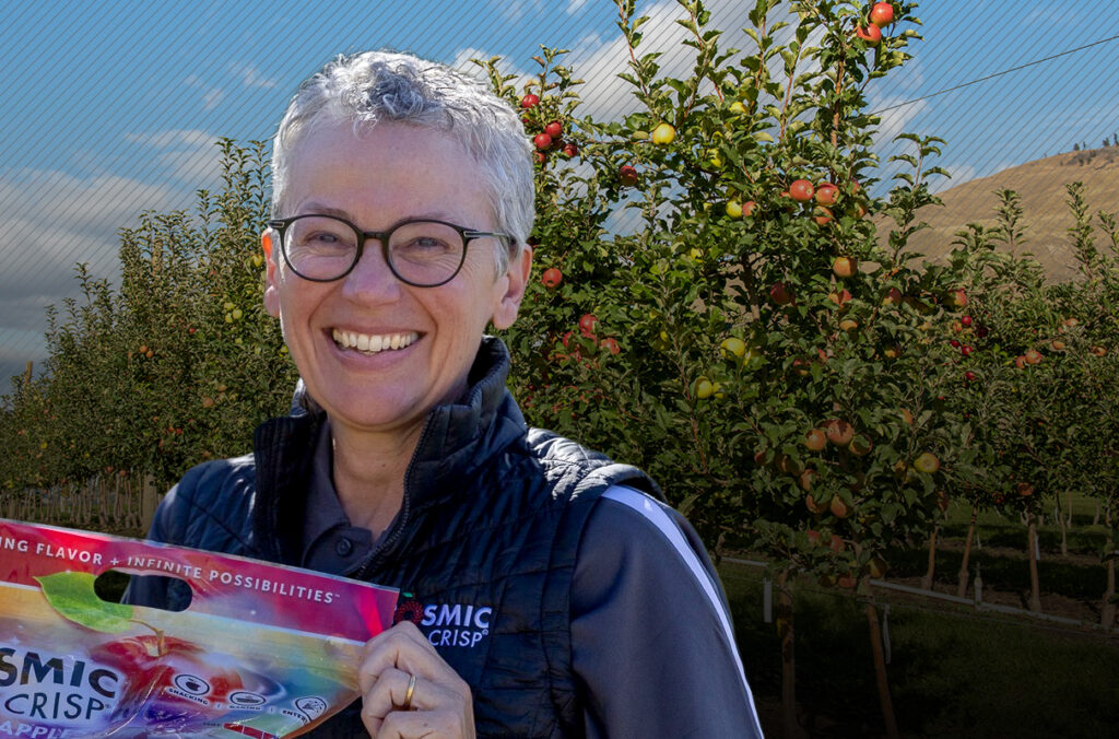 Composite featuring a closeup of Kate Evans holding a bag of Cosmic Crisp apples and an apple orchard.