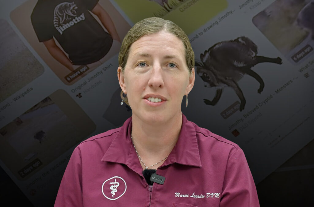 Closeup of WSU wildlife veterinarian Marcie Logsdon against a background featuring Jimothy-themed products for sale.
