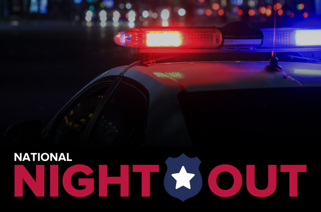Composite featuring a closeup of lights on a police car and text that reads National Night Out.