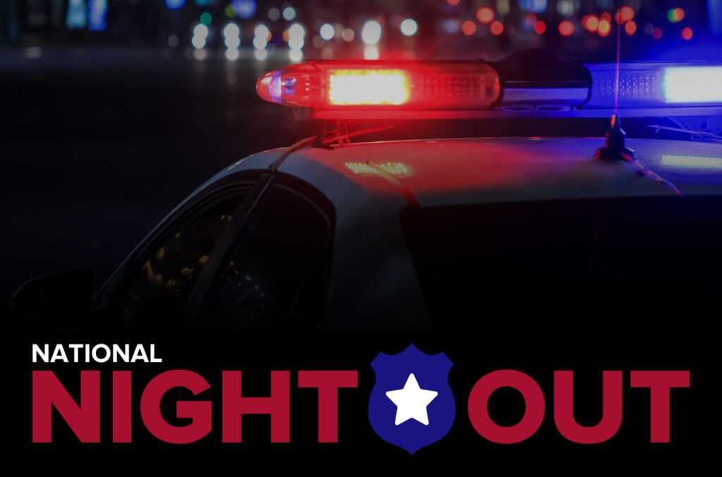 Composite featuring a closeup of lights on a police car and text that reads National Night Out.
