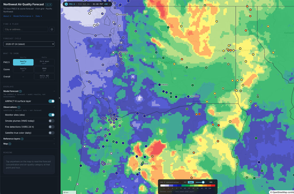 A screenshot of air quality forecast tool displaying results in the Pacific Northwest.