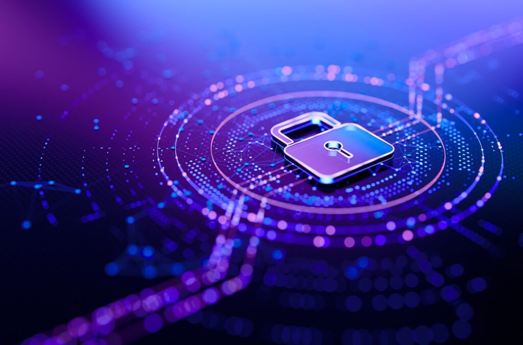 Illustration depicts a security lock at a node on a computer system.