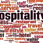 A word cloud centered on the term “hospitality,” with surrounding words like welcome, service, guest, hotel, tourism, restaurant, concierge, staff, accommodation, reception, travel, and professionalism, visually emphasizing themes related to the hospitality industry.