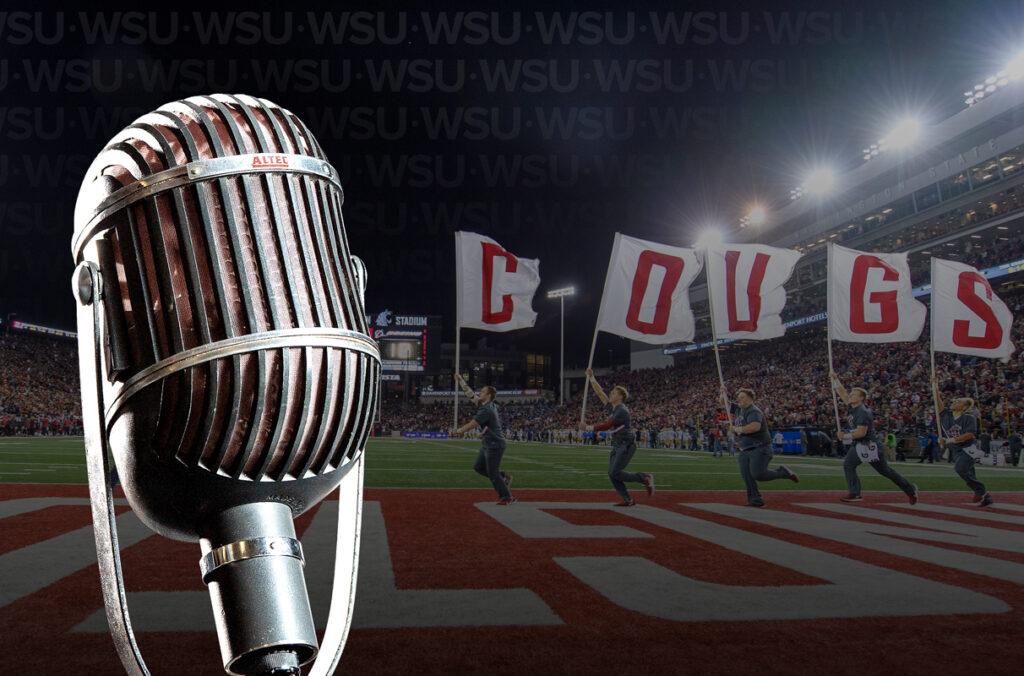 Composite featuring a closeup of a radio microphone against a backdrop of a cheer squad with flags spelling out COUGS at a WSU football game.