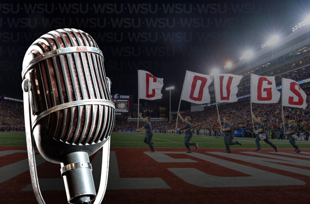 Composite featuring a closeup of a radio microphone against a backdrop of a cheer squad with flags spelling out COUGS at a WSU football game.