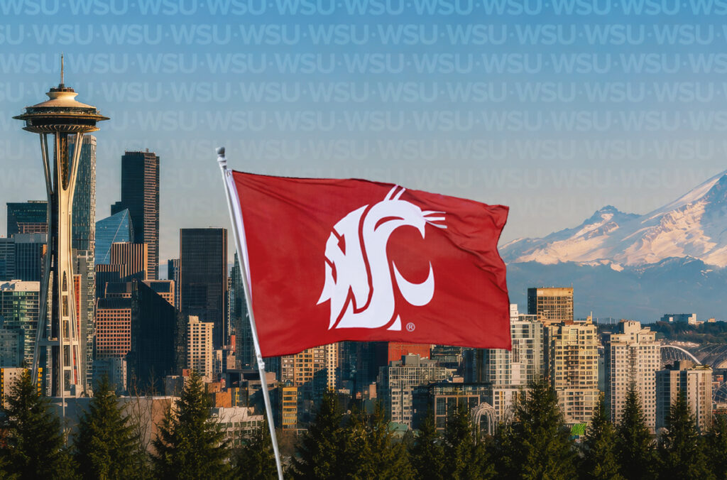 WSU flag in front of the Seattle skyline
