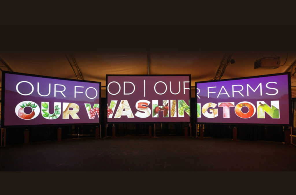 Three screens show images of Our Food, Our Farms, Our Washington.