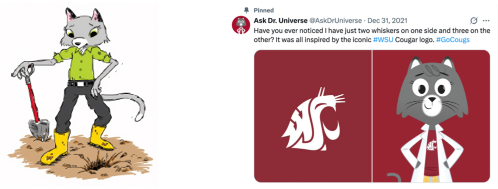 A 2015 illustration of Dr. Universe digging a hole with a shovel, and a 2021 social media post with Dr. Universe wearing a lab coat.