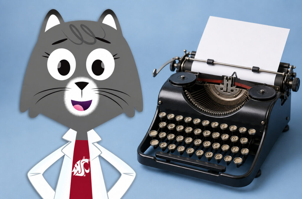 Dr. Universe next to a typewriter.