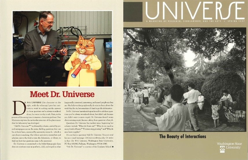 An article titled "Meet Dr. Universe" featuring WSU chemistry professor Don Matteson and Dr. Universe, and the cover of the Spring 1997 issue of Universe.