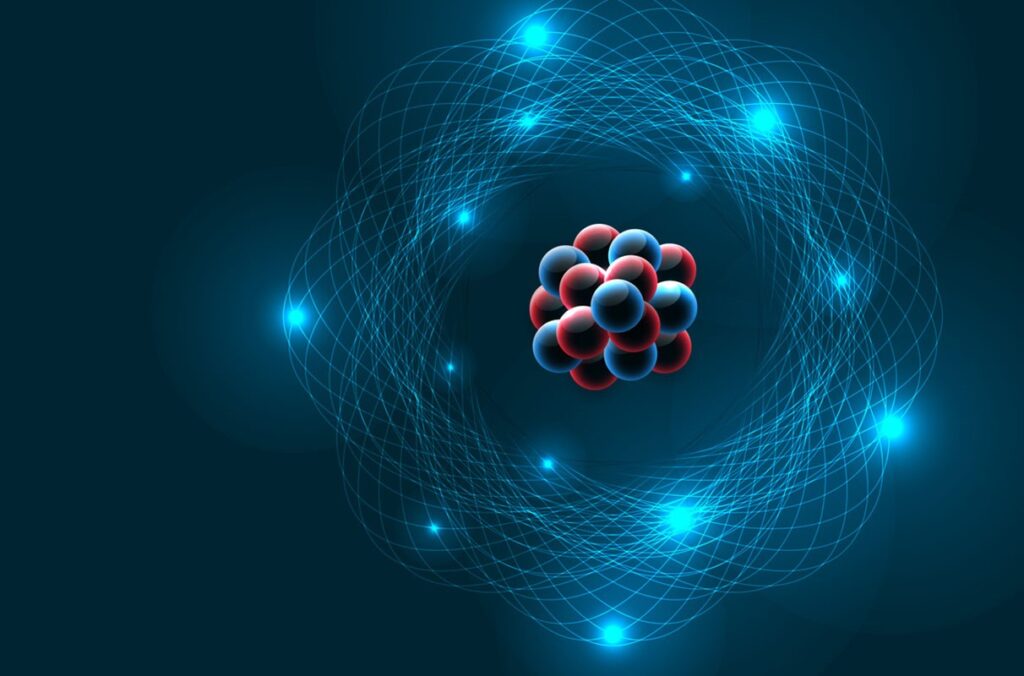 Illustration depicts the nucleus and electrons of a molecule.
