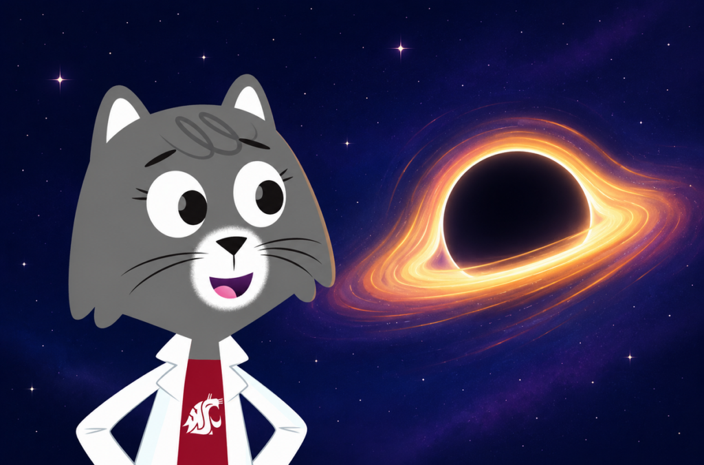 An illustration of Dr. Universe looking at a blackhole