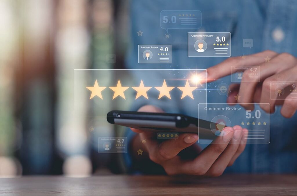 Shopper using a smartphone surrounded by online product reviews and star ratings.