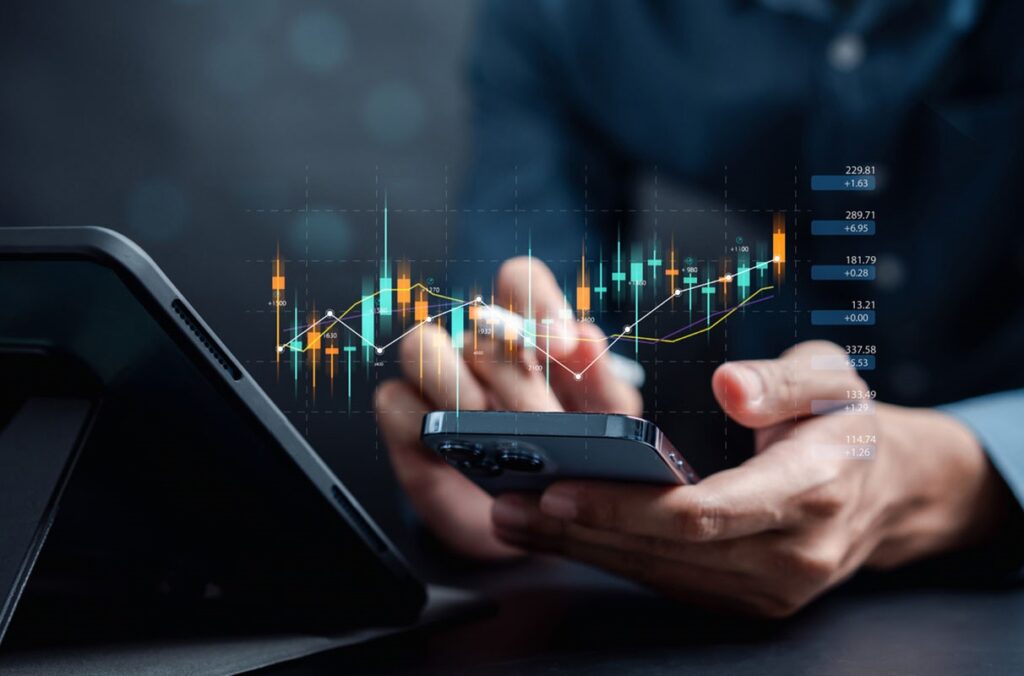 illustration depicts user of an investment app on a smartphone