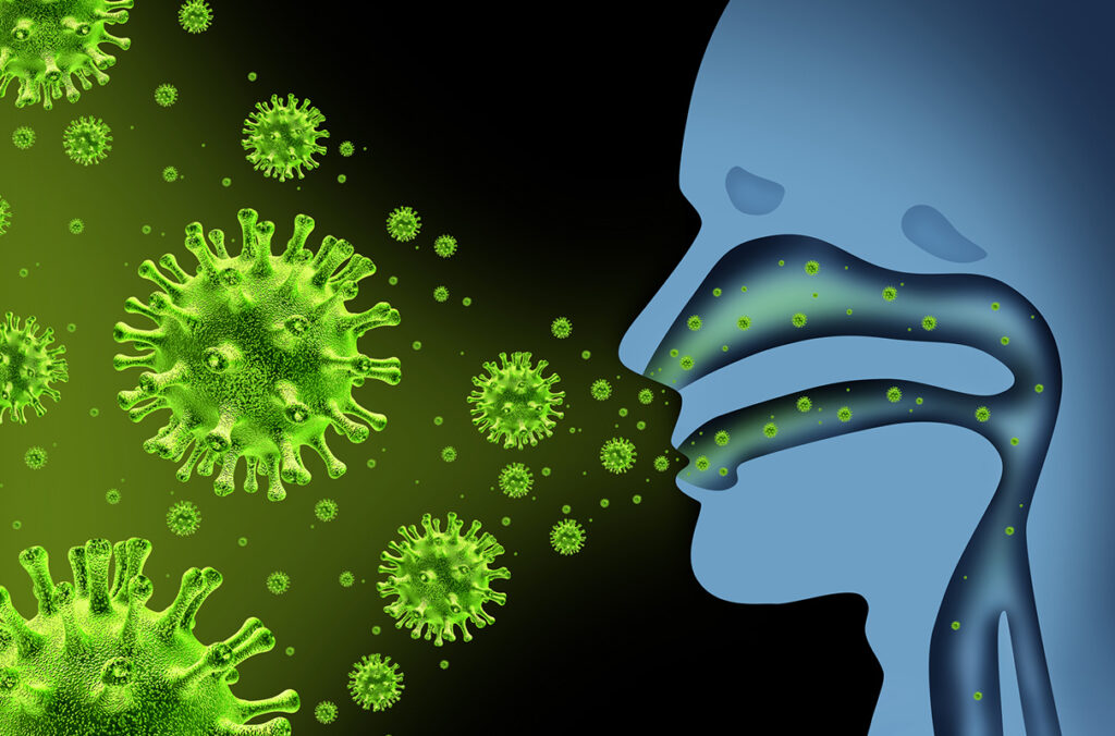 An illustration of a respiratory virus affecting a human.