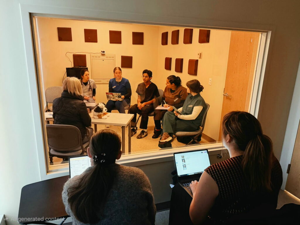 Two people look at a group of veterinary medicine students and actors performing a mock patient visit through a glass screen.