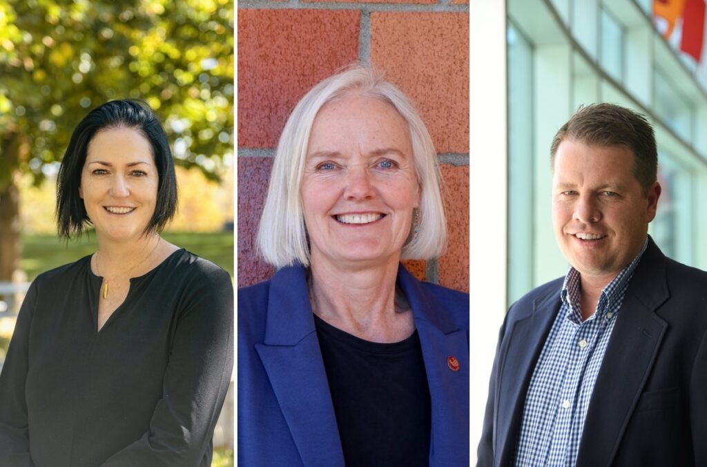 Three side-by-side portraits of WSU campus directors Kate McAteer, left, Christine Portfors, center, and Damien Sinnott, right.