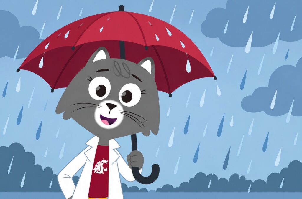 Cartoon illustration of Dr. Universe, a smiling gray cat wearing a white lab coat and crimson WSU shirt, holding a red umbrella as raindrops fall against a cloudy blue sky.