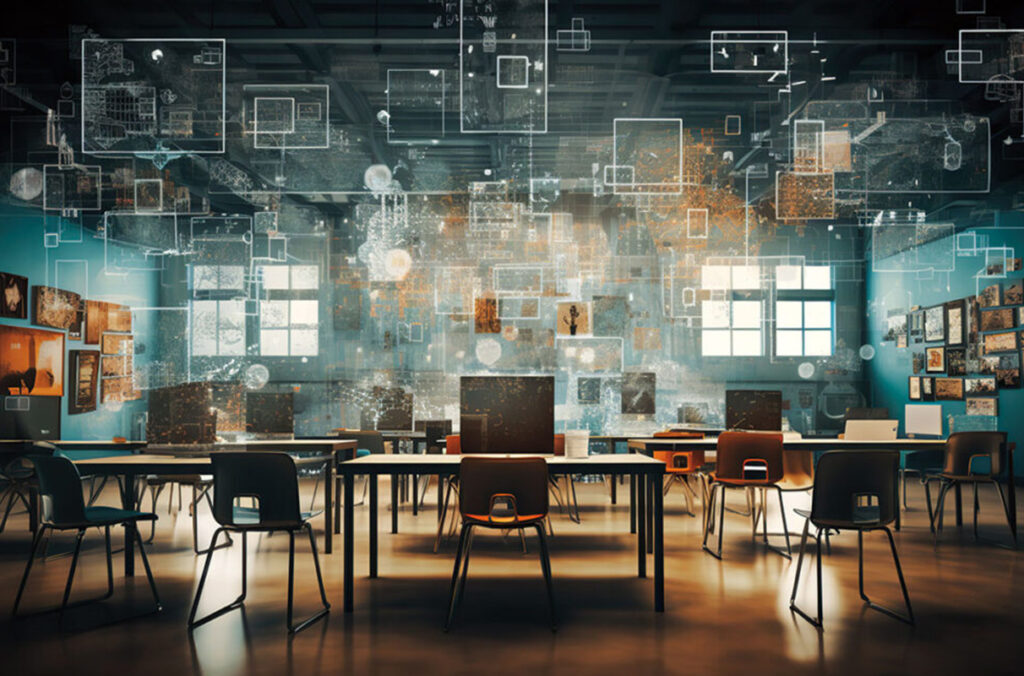 An empty classroom with computer monitors on desks and various diagrams superimposed in the air.