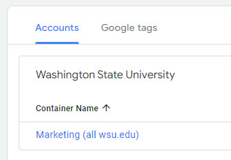 A screen capture of the google analytics tag manager accounts page with the Marketing all wsu.edu container