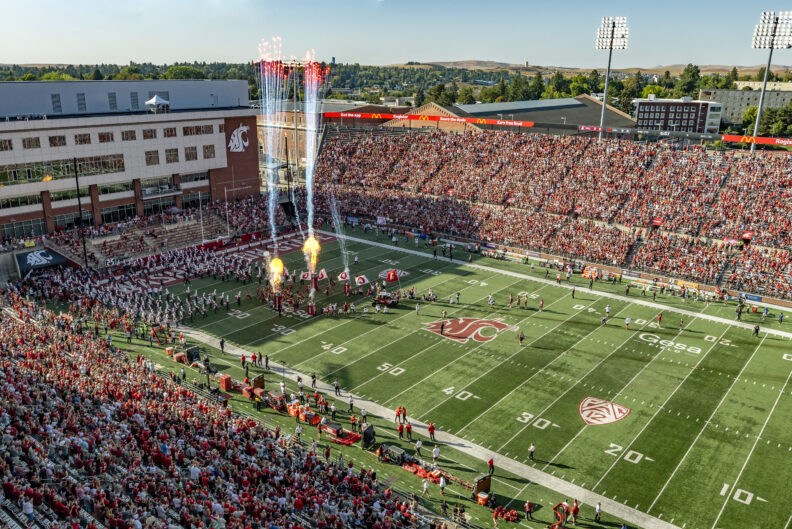 Aerial view of Gesa field with fireworks going off.