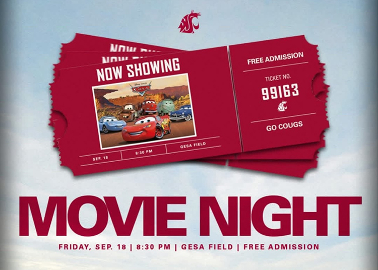 Graphic of movie tickets that read "Now showing" a still shot from the move Cars and "free admission. Sept. 18 at 8:30 p.m."