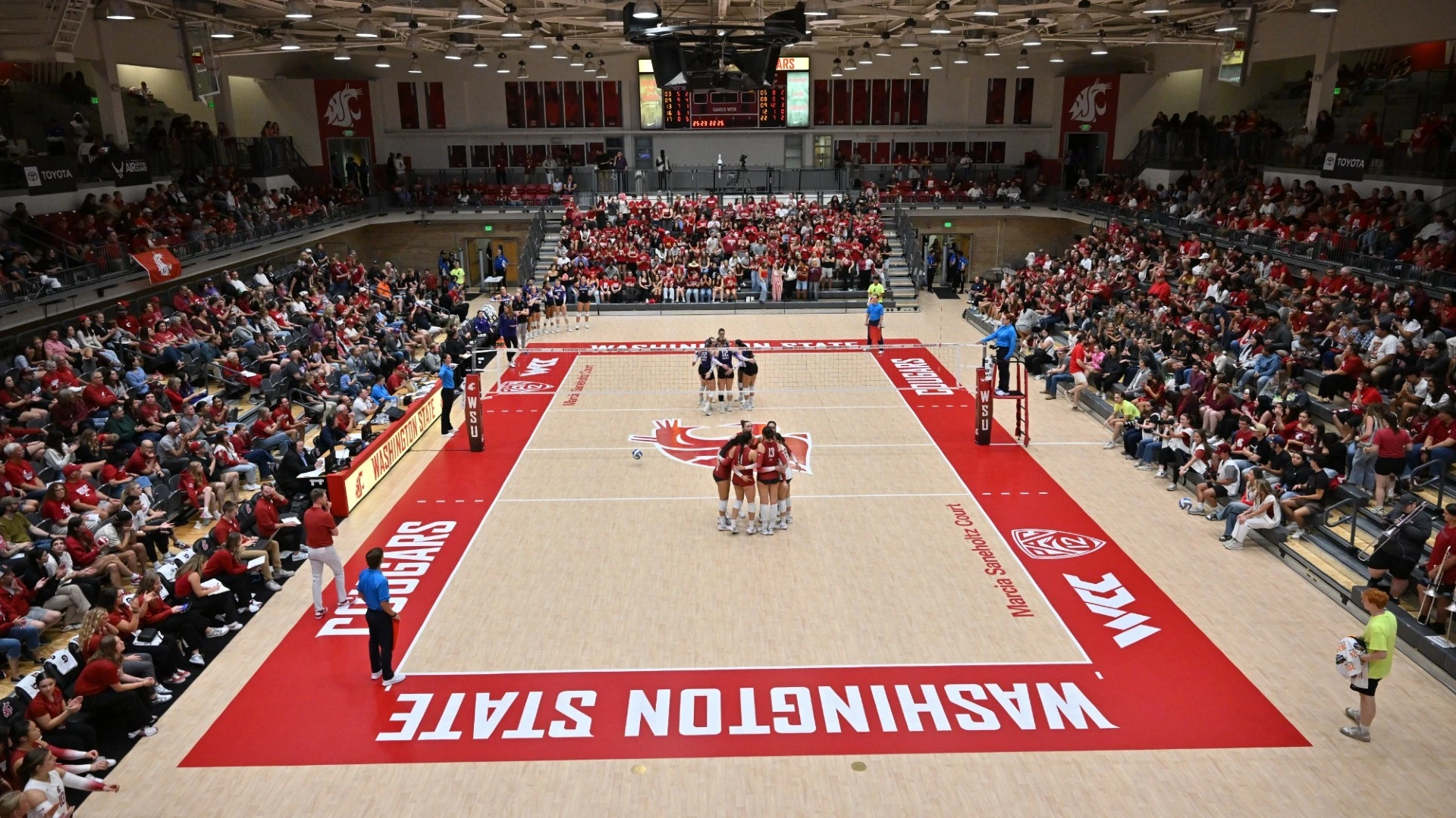 Overhead view of a Volleyball game in progress in Bohler Gym.