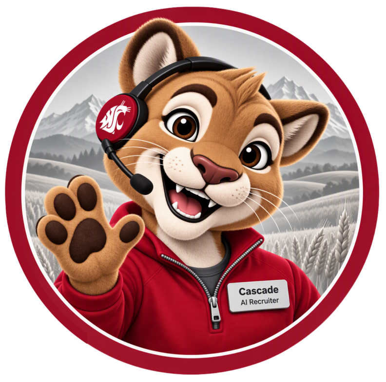 Cartoon cougar in a headset with a name tag reading Cascade AI Recruiter.