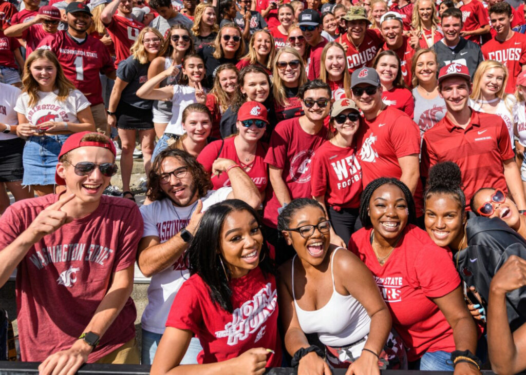 A crowd of students in the stadium on game day.