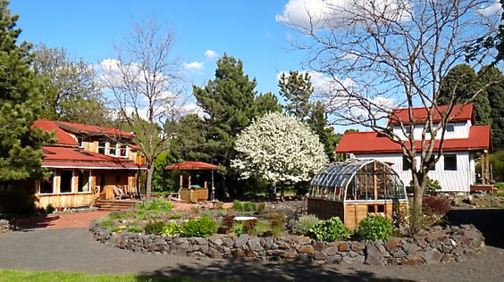 Several buildings with a garden and greenhouse.