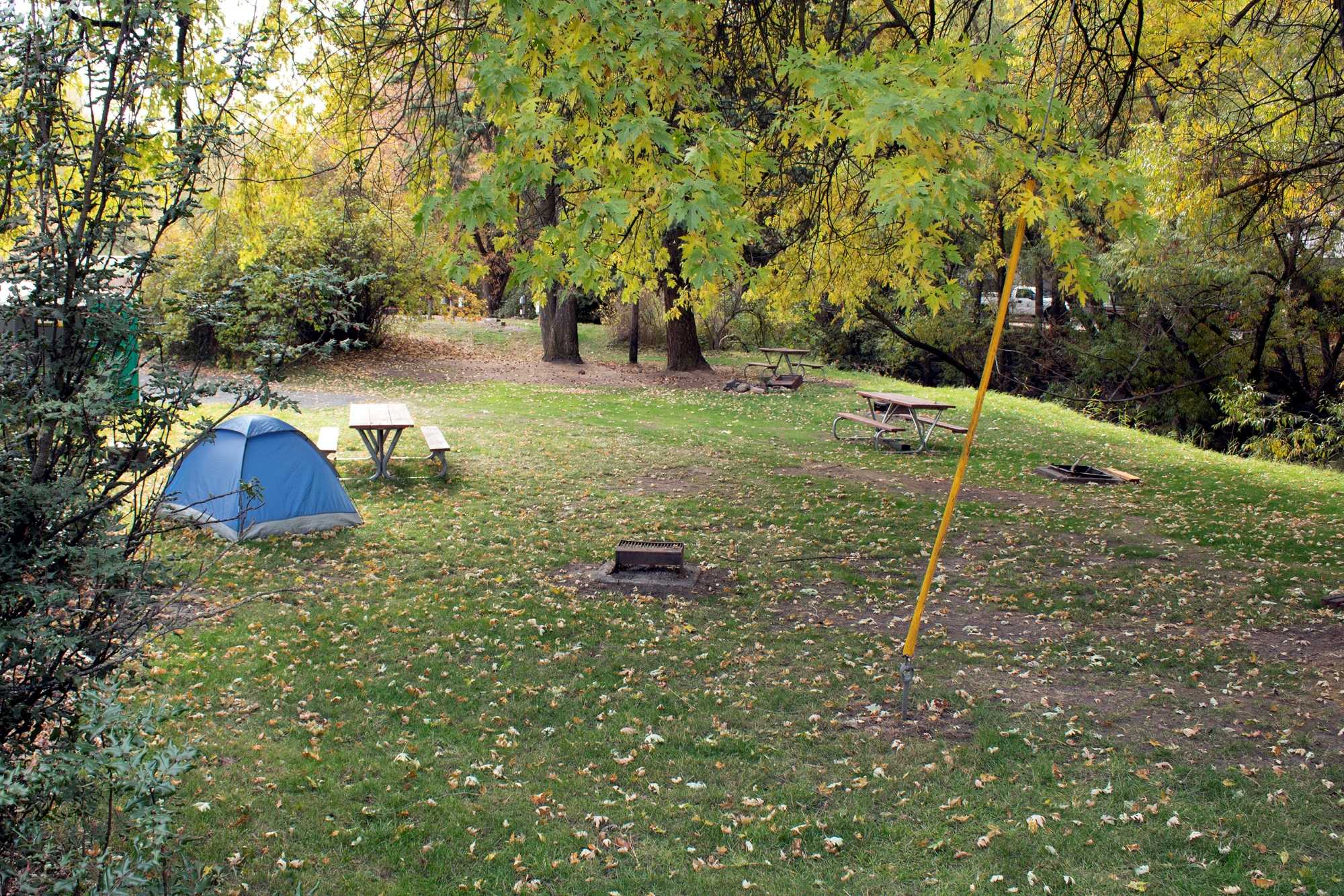 A fire pit, picnic tables, and a tent among trees.
