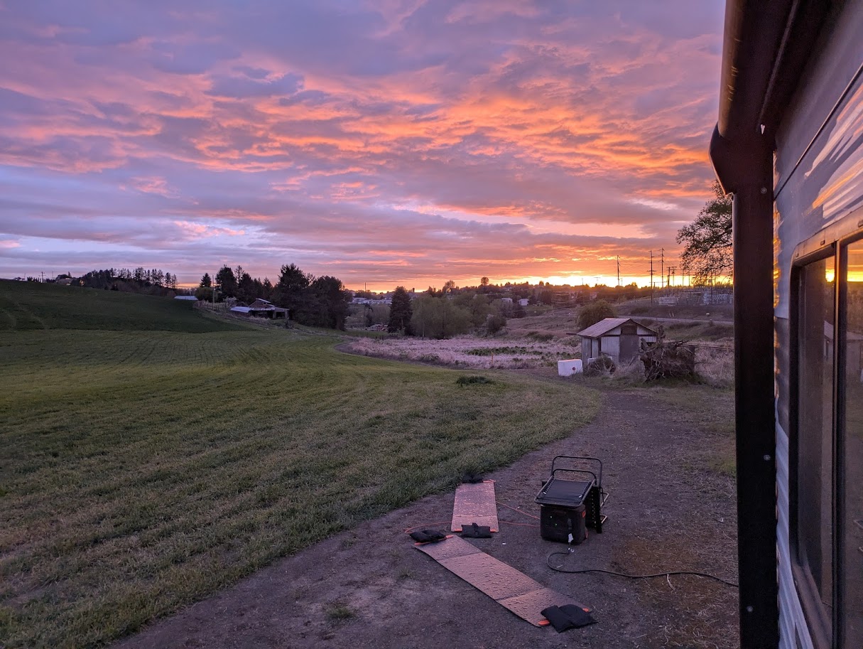 An open field at sunset.