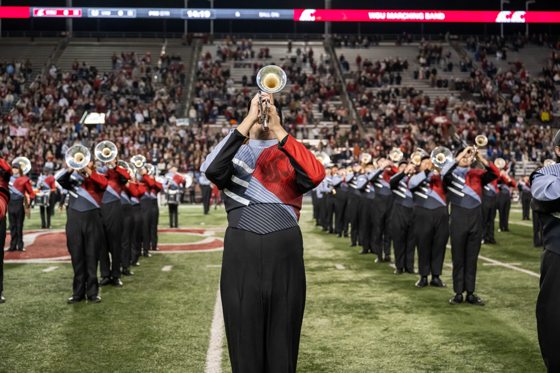 WSU band member playing a trumpet on the football field in front of the marching band.