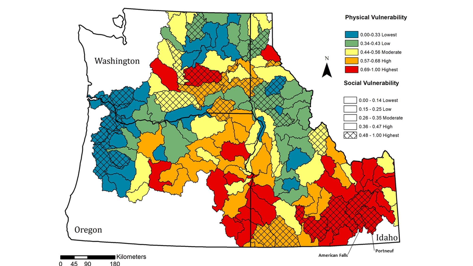 Map of the Columbia River Basin, with each subbasin colored based on its vulnerability to water scarcity, based on physical and social indicators. 