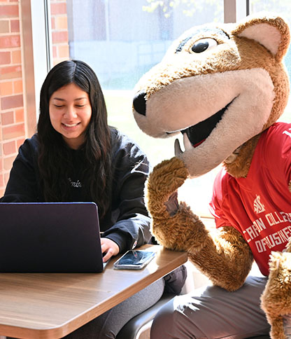A person sitting at a table with a laptop and phone, next to a mascot wearing a red 