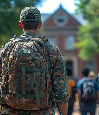 A person in military camouflage attire with a large backpack walks toward a brick building with white trim and an arched entrance, accompanied by others in the background.