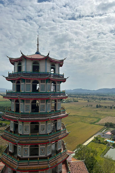 Wat Tham Khao Noi, a tiered Buddhist temple located in the southern part of Thailand’s Kanchanaburi province