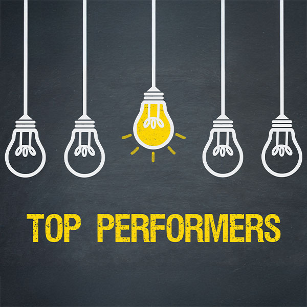 llustration of five hanging light bulbs on a dark background, with the center bulb glowing yellow above the words “TOP PERFORMERS” in bold yellow text.