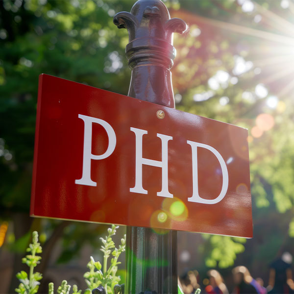 Red sign with white letters reading “PhD” mounted on a post, with sunlight streaming through green trees and blurred buildings in the background.