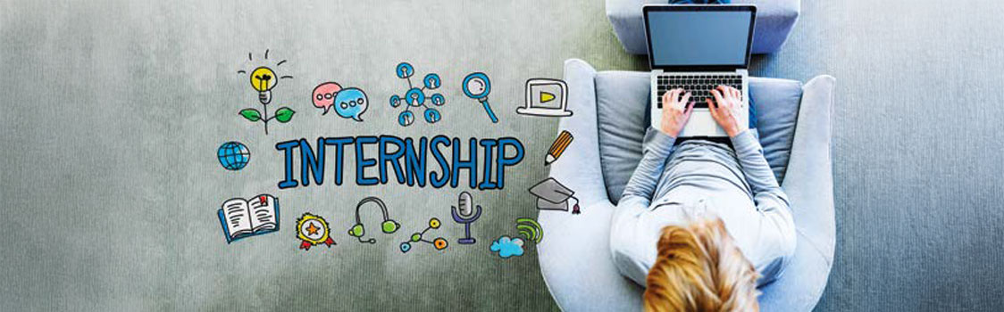 Person seated in a gray chair typing on a laptop, viewed from above. To the left, colorful hand-drawn icons surround the word “INTERNSHIP,” including a lightbulb, chat bubbles, magnifying glass, graduation cap, and book, symbolizing learning and professional development.