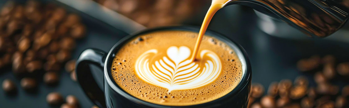 Close-up of a black coffee cup with intricate latte art in the shape of a heart, surrounded by scattered coffee beans, as espresso is being poured into the cup.