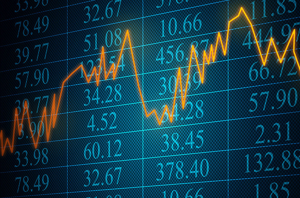 Orange line graph showing fluctuating stock prices over a blue background with numerical values.