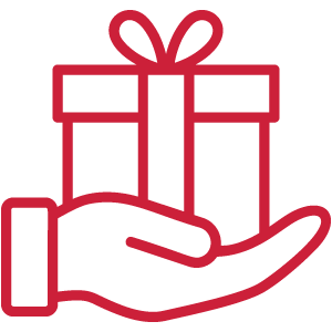 Red line art icon of a hand holding a wrapped gift box with a bow on top.