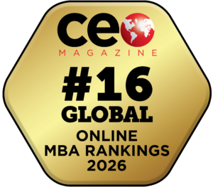 Gold badge reading ‘CEO Magazine #16 Global Online MBA Rankings 2026,’ featuring a red globe icon next to the CEO logo.
