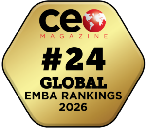 Gold badge graphic reading ‘CEO Magazine #24 Global EMBA Rankings 2026,’ featuring a red globe icon in the logo.
