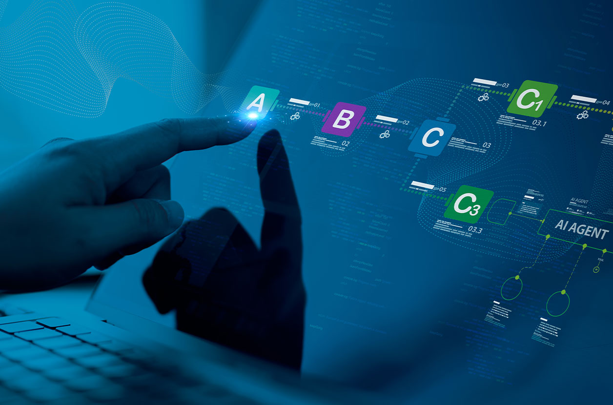 Hand reaches toward a glowing digital interface showing a workflow diagram labeled A, B, C, and AI agent nodes, representing automation and agentic AI processes.