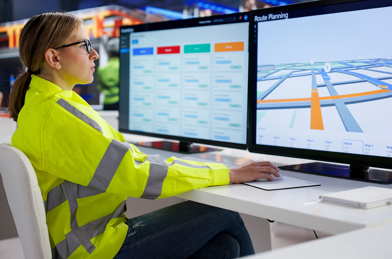 Person in a high‑visibility jacket monitors route planning and logistics dashboards on dual computer screens at a workstation.