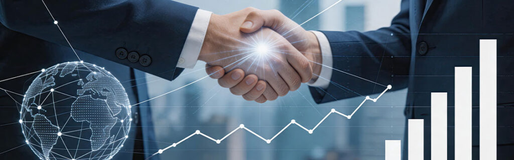 Close-up of two people in suits shaking hands over city skyline, with overlay of rising bar chart, line graph, and digital globe.