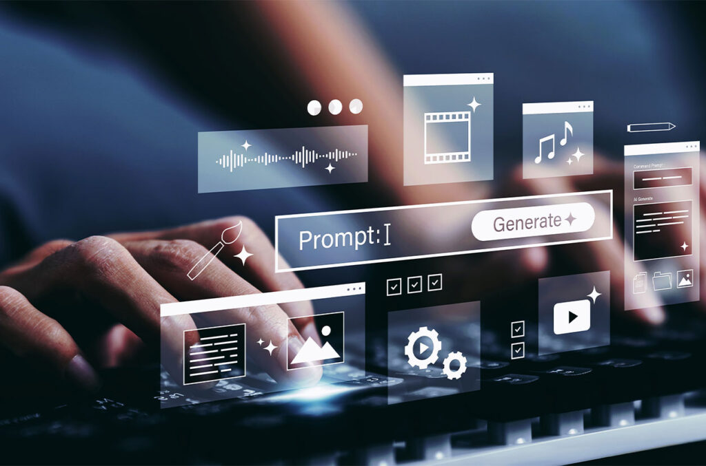 Hands typing on a keyboard with AI-generated content, media, and workflow icons overlaid on a digital interface.